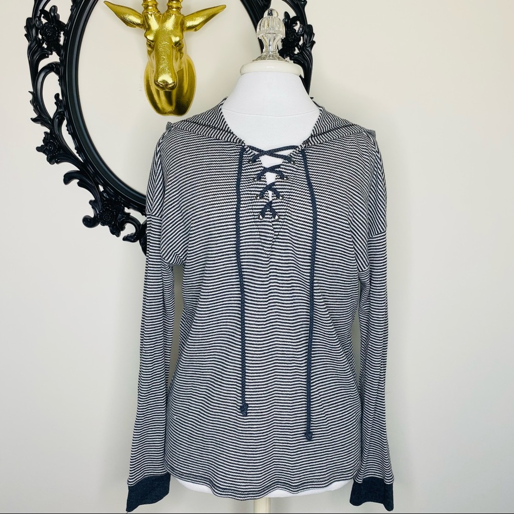 Others Follow Dark Gray Striped Hooded Long Sleeve Top